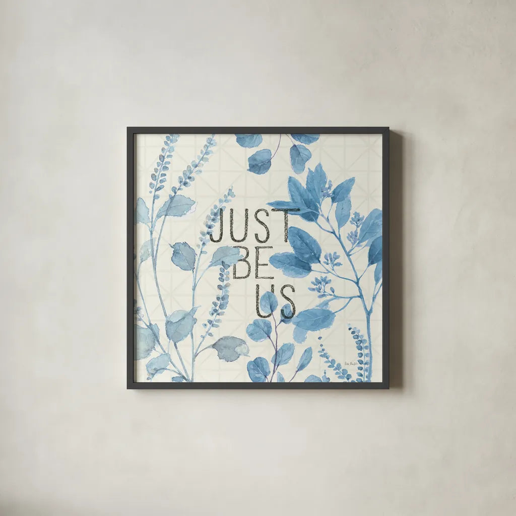 Mixed Greens LXV Blue by Lisa Audit. Shown in a sleek black glass frame for a contemporary gallery look. Available as an archival giclee rolled canvas, fine art paper, or poster print. SKU 42750a.