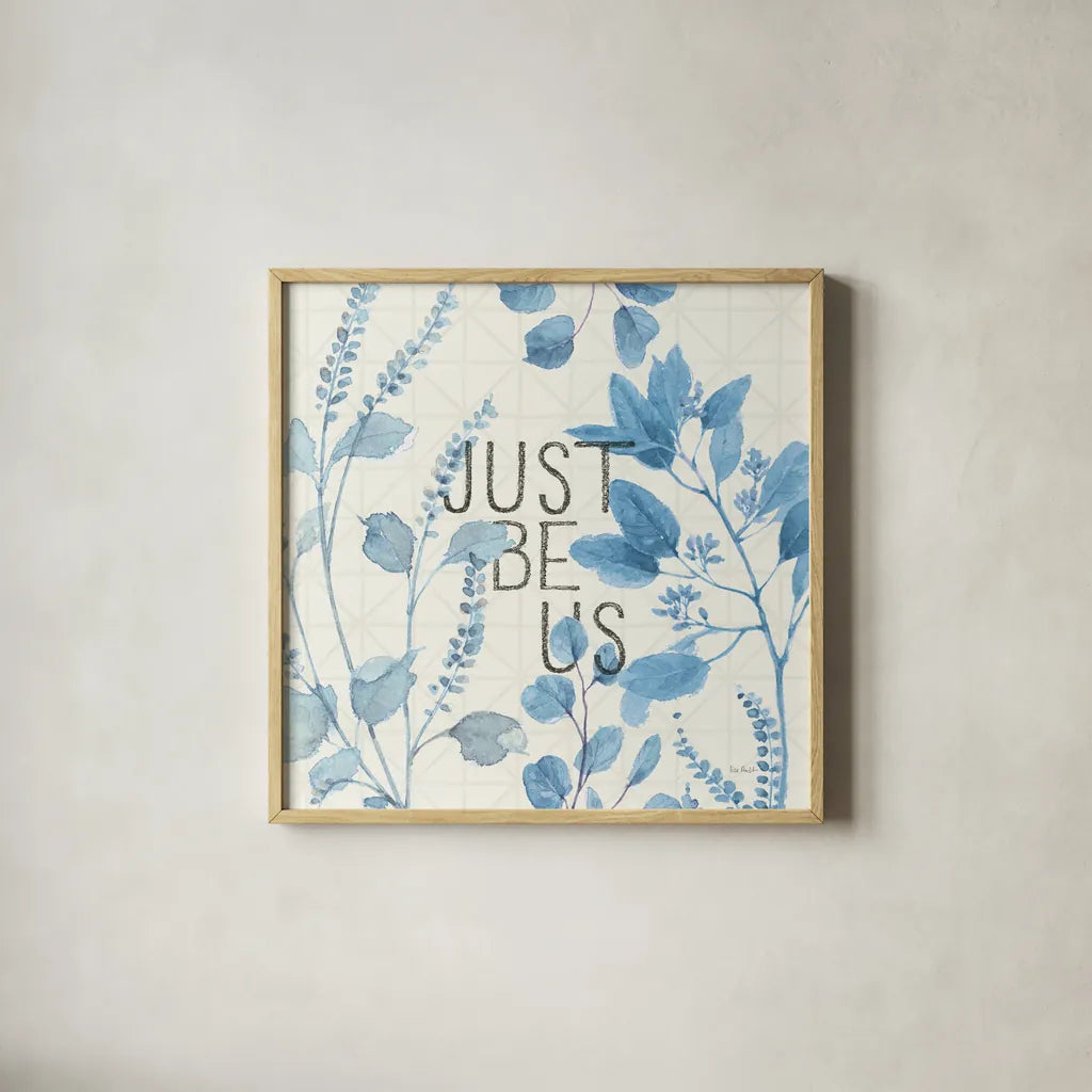 Mixed Greens LXV Blue by Lisa Audit. Shown in a natural wood glass frame for a timeless modern aesthetic. Available as an archival giclee rolled canvas, fine art paper, or poster print. SKU 42750a.