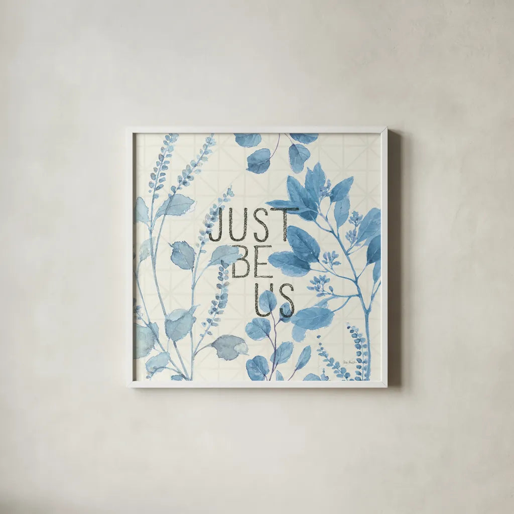 Mixed Greens LXV Blue by Lisa Audit. Shown in a crisp white glass frame for a clean and minimalist style. Available as an archival giclee rolled canvas, fine art paper, or poster print. SKU 42750a.