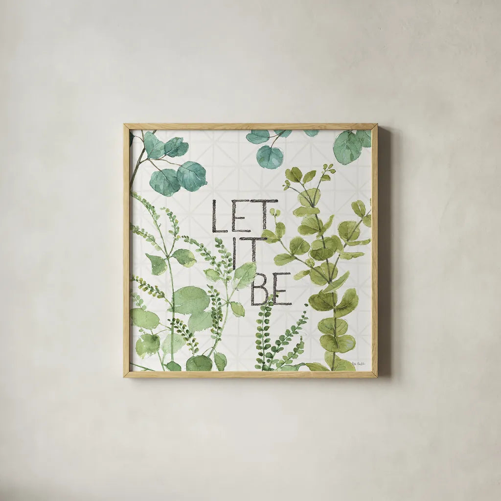 Mixed Greens LXVI by Lisa Audit. Shown in a natural wood glass frame for a timeless modern aesthetic. Available as an archival giclee rolled canvas, fine art paper, or poster print. SKU 36541a.