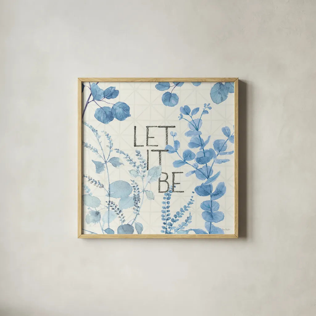 Mixed Greens LXVI Blue by Lisa Audit. Shown in a natural wood glass frame for a timeless modern aesthetic. Available as an archival giclee rolled canvas, fine art paper, or poster print. SKU 42751a.