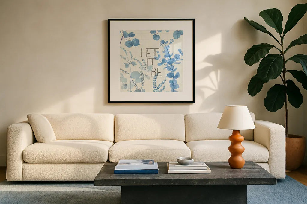 Mixed Greens LXVI Blue by Lisa Audit. Displayed in a glass frame with matte in a clean modern living room. Available as an archival giclee rolled canvas, fine art paper, or poster print. SKU 42751a.