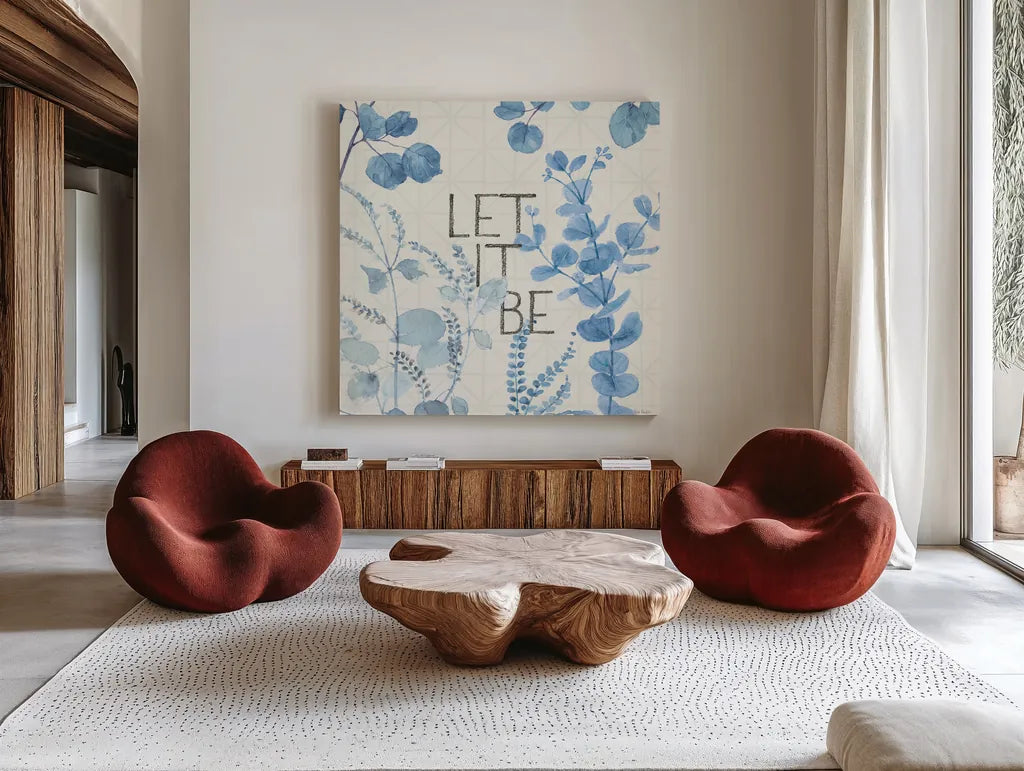 Mixed Greens LXVI Blue by Lisa Audit. Shown as extra-large giant wall art in a modern living room. Available as an archival giclee rolled canvas, fine art paper, or poster print. SKU 42751a.