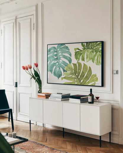 Mixed Greens LXX by Lisa Audit. shown as a framed stretched canvas in a living room above a console. Available as a archival giclee rolled canvas, fine art paper, or poster print. SKU 36546i.