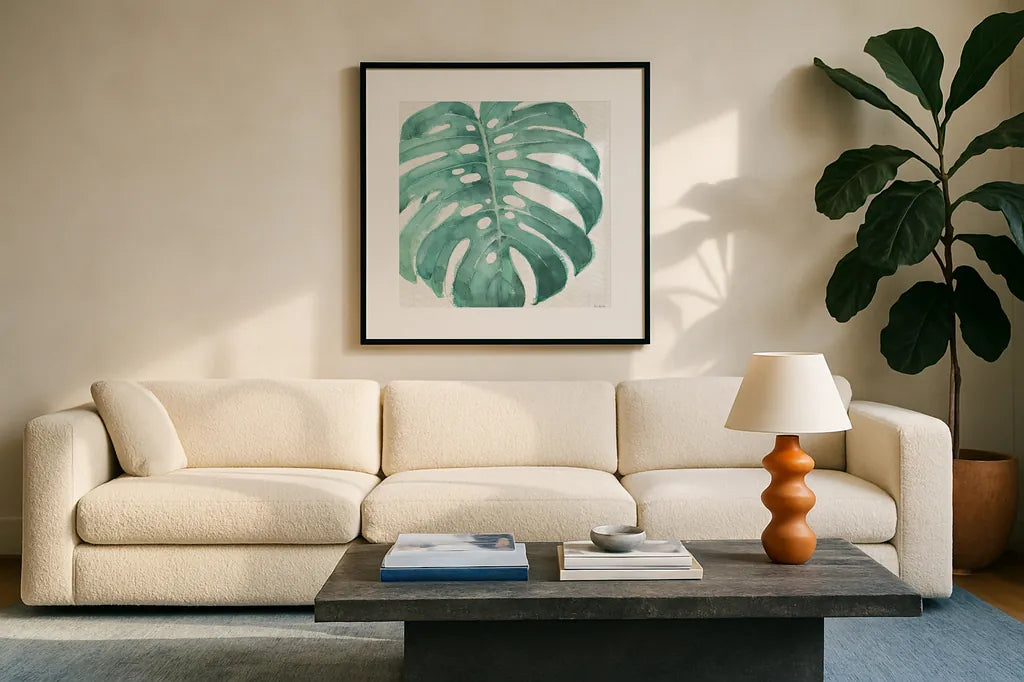 Mixed Greens LXXII by Lisa Audit. Displayed in a glass frame with matte in a clean modern living room. Available as an archival giclee rolled canvas, fine art paper, or poster print. SKU 36548a.
