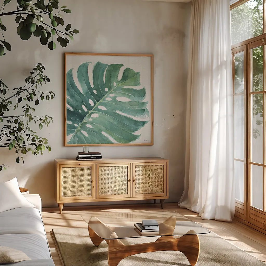 Mixed Greens LXXIII by Lisa Audit. Shown in a natural wood frame in a cozy modern living room. Available as an archival giclee rolled canvas, fine art paper, or poster print. SKU 36549a.