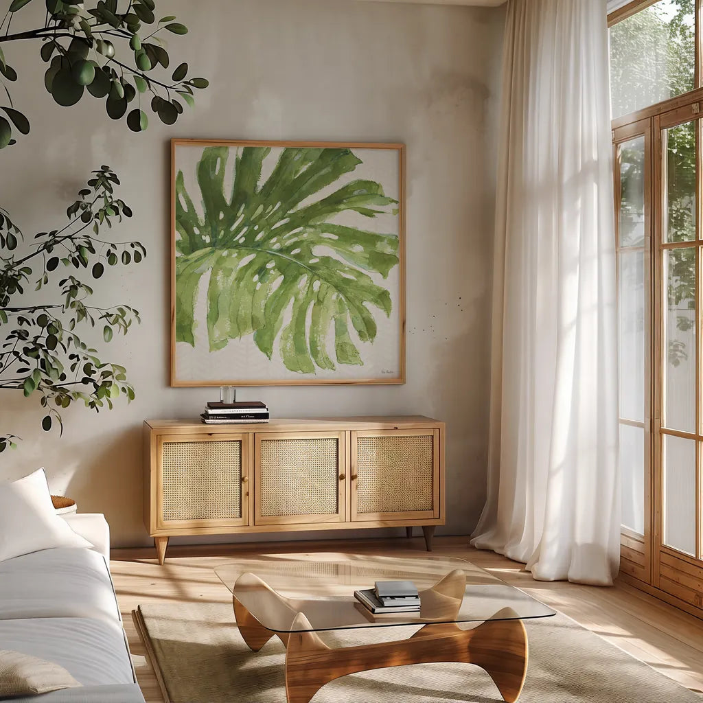 Mixed Greens LXXIV by Lisa Audit. Shown in a natural wood frame in a cozy modern living room. Available as an archival giclee rolled canvas, fine art paper, or poster print. SKU 36550a.