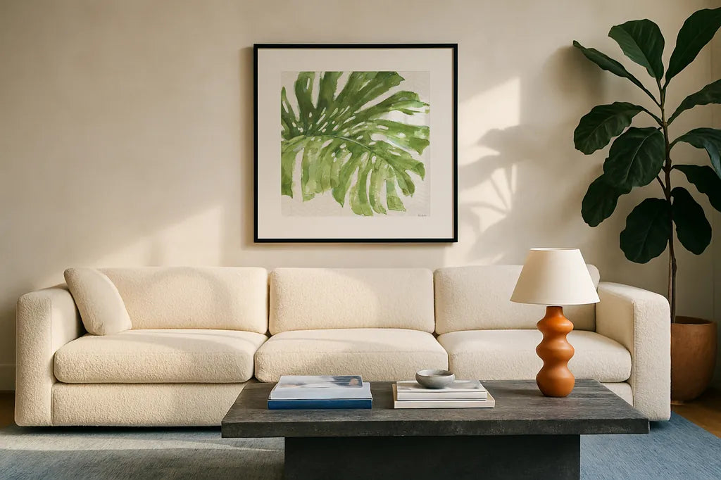 Mixed Greens LXXIV by Lisa Audit. Displayed in a glass frame with matte in a clean modern living room. Available as an archival giclee rolled canvas, fine art paper, or poster print. SKU 36550a.