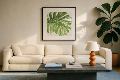 Mixed Greens LXXIV by Lisa Audit. Displayed in a glass frame with matte in a clean modern living room. Available as an archival giclee rolled canvas, fine art paper, or poster print. SKU 36550a.