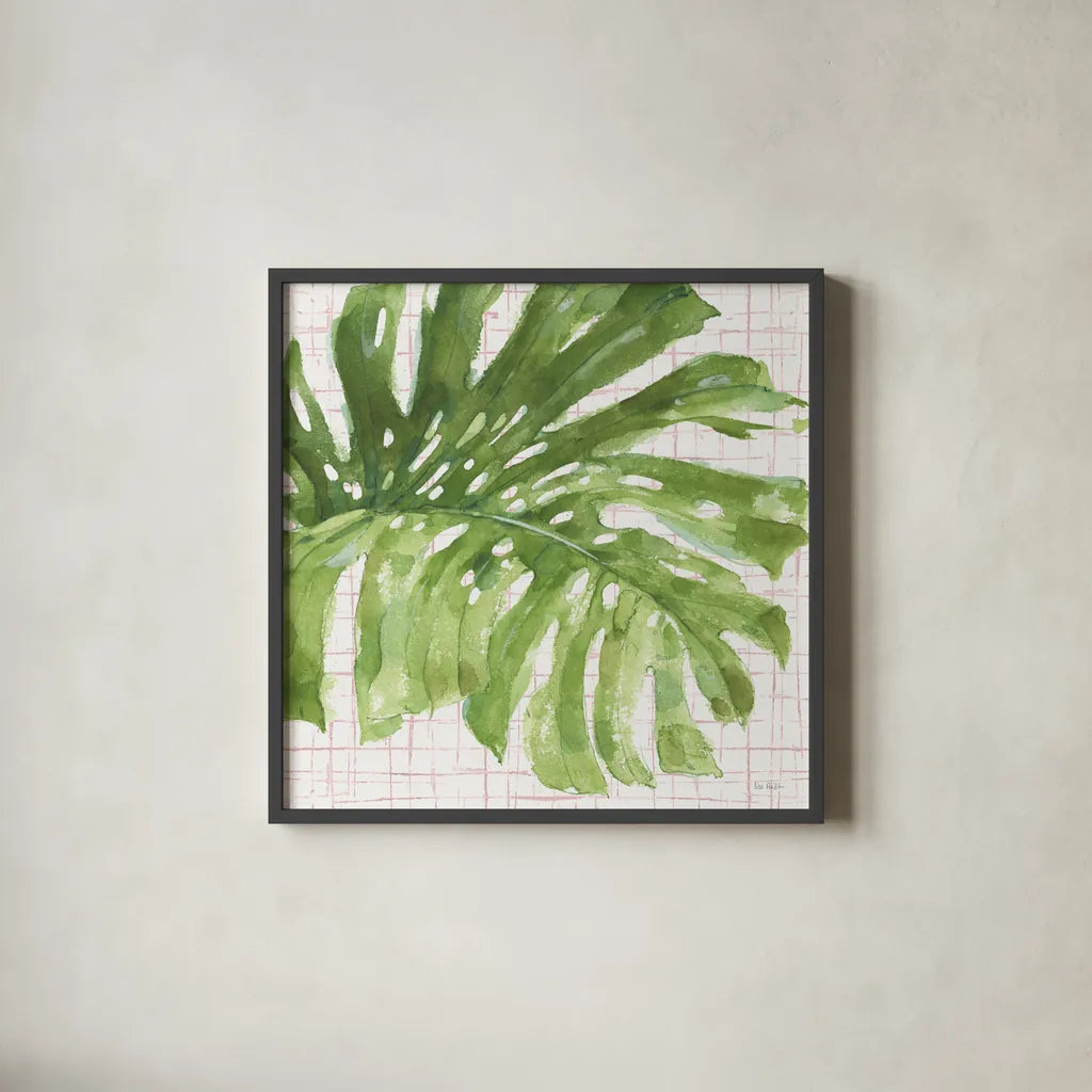 Mixed Greens LXXIV on Pink by Lisa Audit. Shown in a sleek black glass frame for a contemporary gallery look. Available as an archival giclee rolled canvas, fine art paper, or poster print. SKU 55312a.