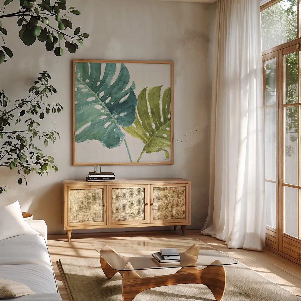 Mixed Greens LXXV by Lisa Audit. Shown in a natural wood frame in a cozy modern living room. Available as an archival giclee rolled canvas, fine art paper, or poster print. SKU 36551a.