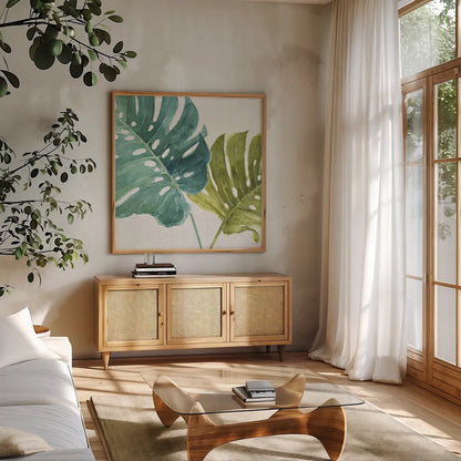 Mixed Greens LXXV by Lisa Audit. Shown in a natural wood frame in a cozy modern living room. Available as an archival giclee rolled canvas, fine art paper, or poster print. SKU 36551a.