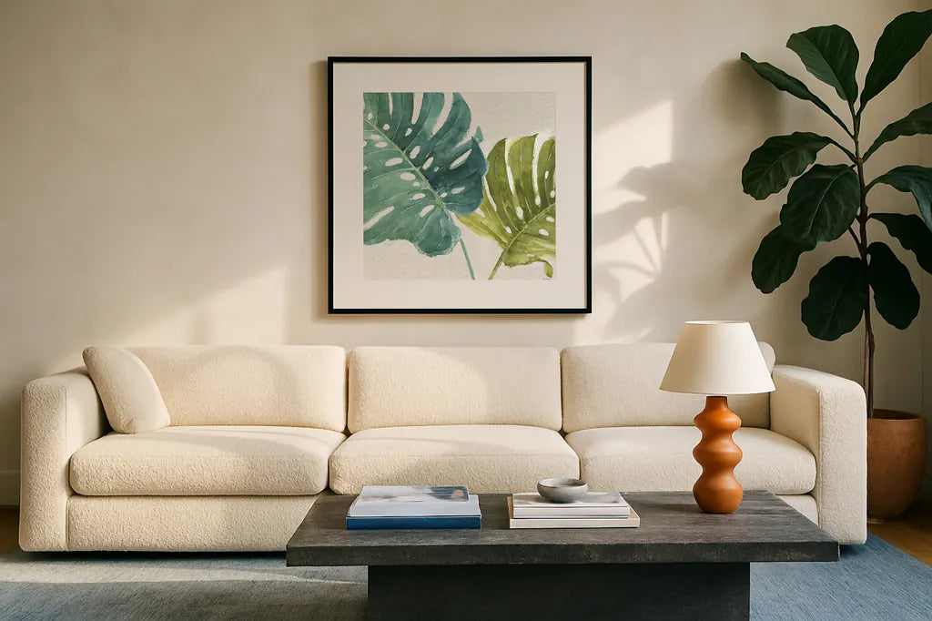 Mixed Greens LXXV by Lisa Audit. Displayed in a glass frame with matte in a clean modern living room. Available as an archival giclee rolled canvas, fine art paper, or poster print. SKU 36551a.
