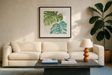Mixed Greens LXXVI by Lisa Audit. Displayed in a glass frame with matte in a clean modern living room. Available as an archival giclee rolled canvas, fine art paper, or poster print. SKU 36552a.