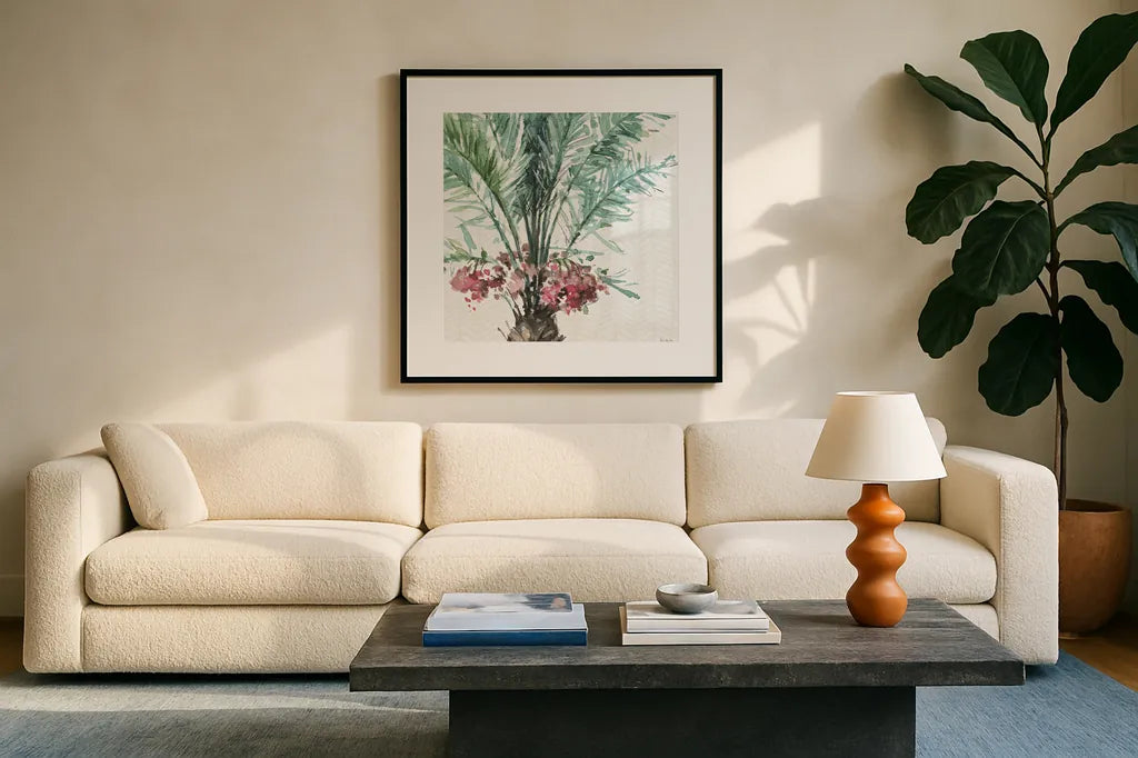 Mixed Greens V by Lisa Audit. Displayed in a glass frame with matte in a clean modern living room. Available as an archival giclee rolled canvas, fine art paper, or poster print. SKU 36463a.