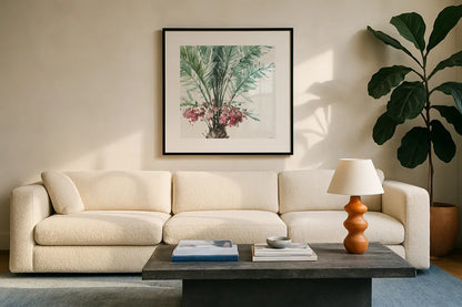 Mixed Greens V by Lisa Audit. Displayed in a glass frame with matte in a clean modern living room. Available as an archival giclee rolled canvas, fine art paper, or poster print. SKU 36463a.