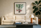 Mixed Greens V on White by Lisa Audit. Displayed in a glass frame with matte in a clean modern living room. Available as an archival giclee rolled canvas, fine art paper, or poster print. SKU 82377a.