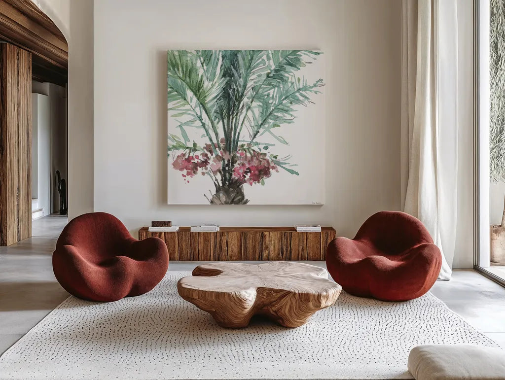 Mixed Greens V on White by Lisa Audit. Shown as extra-large giant wall art in a modern living room. Available as an archival giclee rolled canvas, fine art paper, or poster print. SKU 82377a.