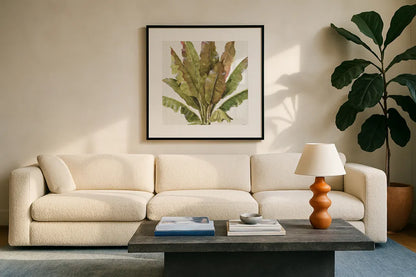 Mixed Greens VII by Lisa Audit. Displayed in a glass frame with matte in a clean modern living room. Available as an archival giclee rolled canvas, fine art paper, or poster print. SKU 36465a.