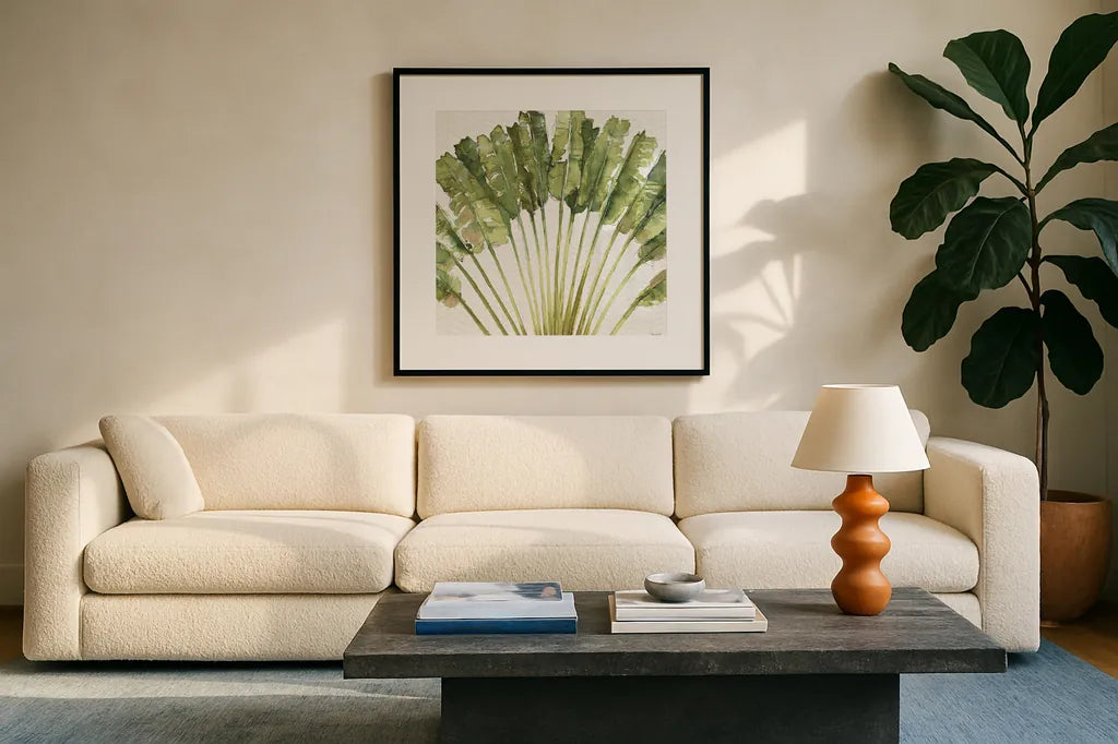 Mixed Greens VIII by Lisa Audit. Displayed in a glass frame with matte in a clean modern living room. Available as an archival giclee rolled canvas, fine art paper, or poster print. SKU 36466a.