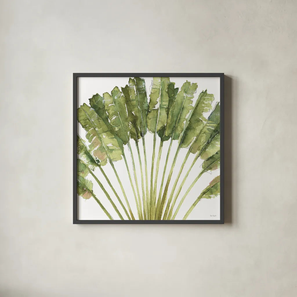 Mixed Greens VIII on White by Lisa Audit. Shown in a sleek black glass frame for a contemporary gallery look. Available as an archival giclee rolled canvas, fine art paper, or poster print. SKU 82378a.