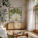 Mixed Greens VIII on White by Lisa Audit. Shown in a natural wood frame in a cozy modern living room. Available as an archival giclee rolled canvas, fine art paper, or poster print. SKU 82378a.