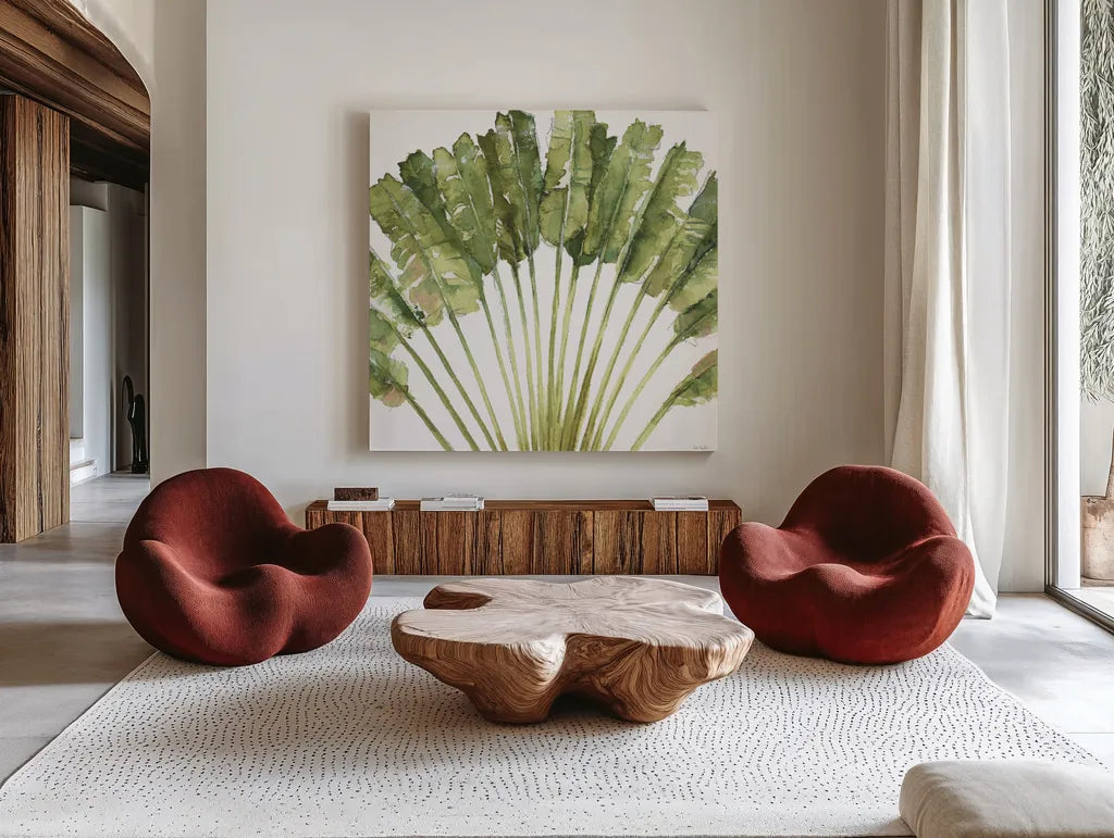 Mixed Greens VIII on White by Lisa Audit. Shown as extra-large giant wall art in a modern living room. Available as an archival giclee rolled canvas, fine art paper, or poster print. SKU 82378a.