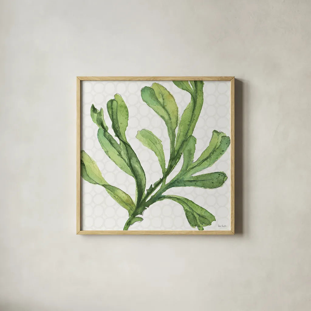 Mixed Greens XIX by Lisa Audit. Shown in a natural wood glass frame for a timeless modern aesthetic. Available as an archival giclee rolled canvas, fine art paper, or poster print. SKU 36477a.