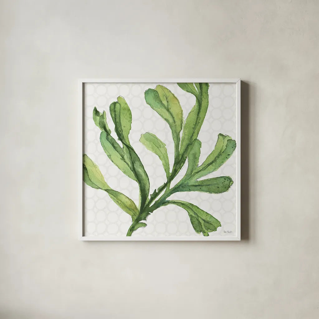 Mixed Greens XIX by Lisa Audit. Shown in a crisp white glass frame for a clean and minimalist style. Available as an archival giclee rolled canvas, fine art paper, or poster print. SKU 36477a.