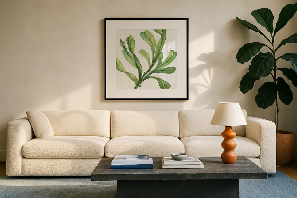 Mixed Greens XIX by Lisa Audit. Displayed in a glass frame with matte in a clean modern living room. Available as an archival giclee rolled canvas, fine art paper, or poster print. SKU 36477a.