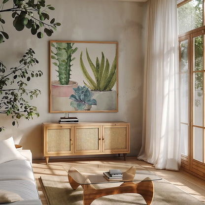 Mixed Greens XL by Lisa Audit. Shown in a natural wood frame in a cozy modern living room. Available as an archival giclee rolled canvas, fine art paper, or poster print. SKU 36516a.