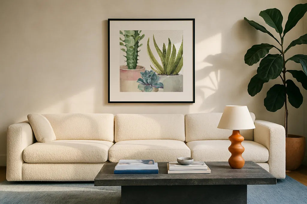 Mixed Greens XL by Lisa Audit. Displayed in a glass frame with matte in a clean modern living room. Available as an archival giclee rolled canvas, fine art paper, or poster print. SKU 36516a.