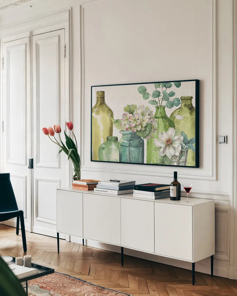 Mixed Greens XLIX by Lisa Audit. shown as a framed stretched canvas in a living room above a console. Available as a archival giclee rolled canvas, fine art paper, or poster print. SKU 36525i.