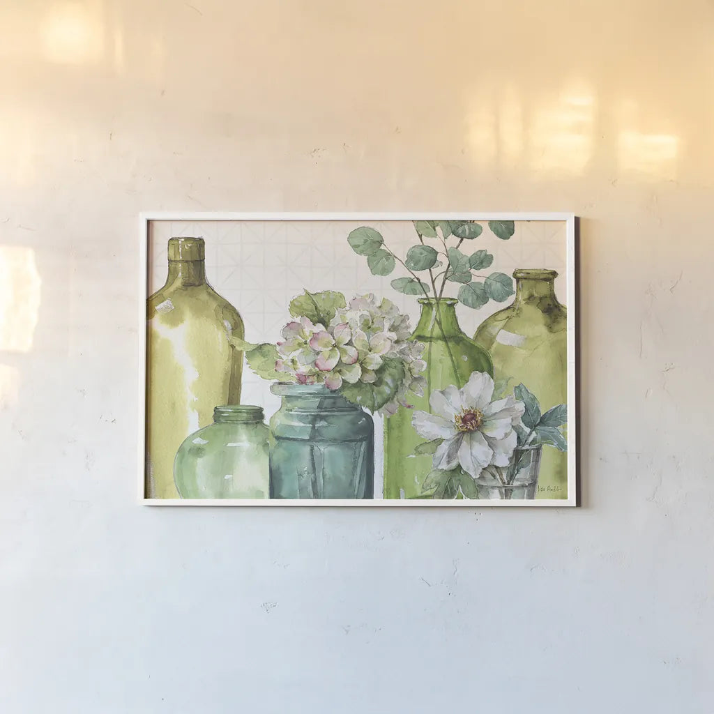 Mixed Greens XLIX by Lisa Audit. shown as a paper print in a white frame. Available as a archival giclee rolled canvas, fine art paper, or poster print. SKU 36525i.