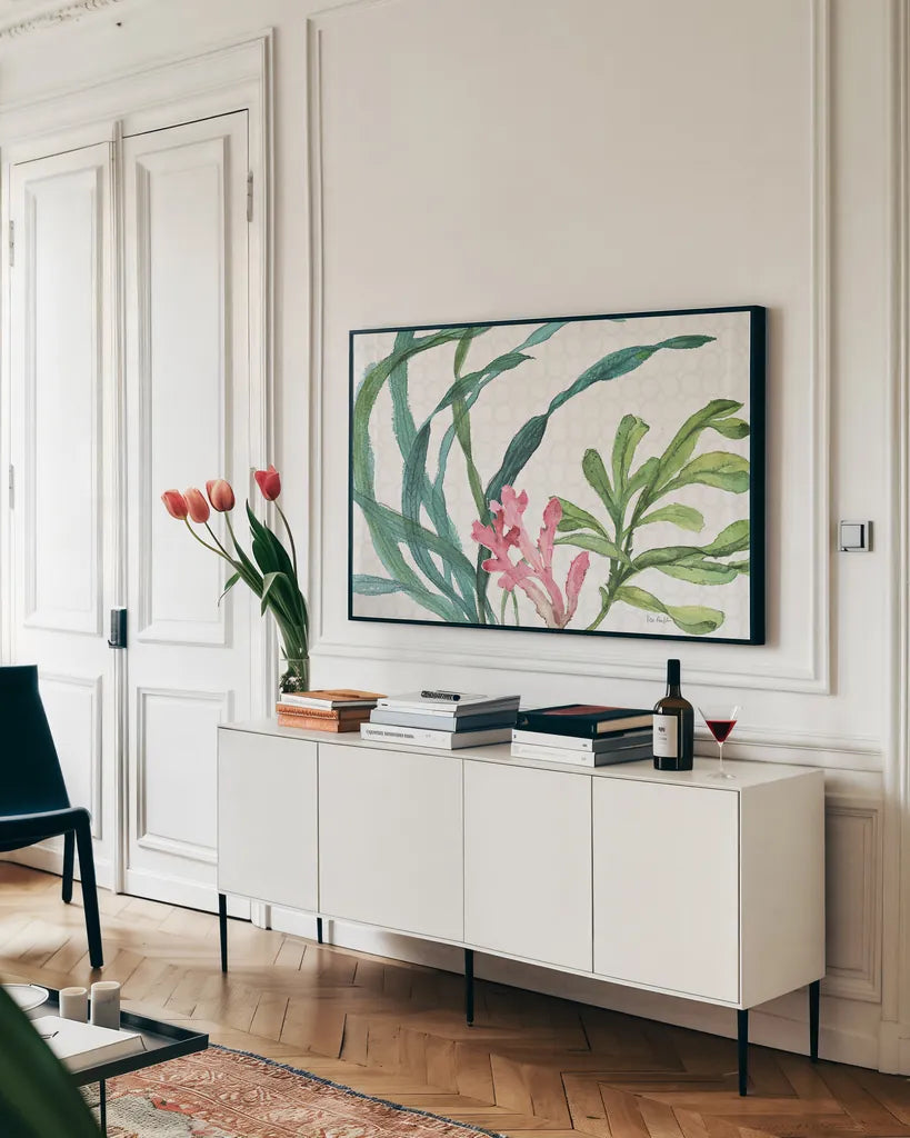 Mixed Greens XVII by Lisa Audit. shown as a framed stretched canvas in a living room above a console. Available as a archival giclee rolled canvas, fine art paper, or poster print. SKU 36475i.