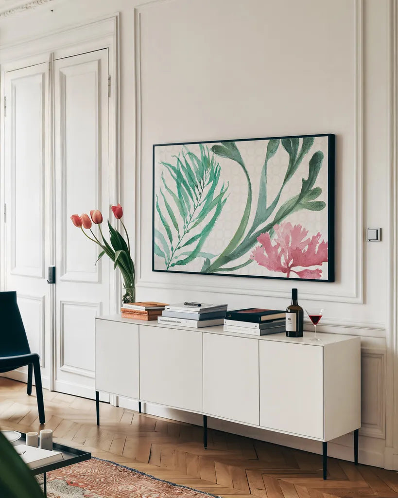 Mixed Greens XVIII by Lisa Audit. shown as a framed stretched canvas in a living room above a console. Available as a archival giclee rolled canvas, fine art paper, or poster print. SKU 36476i.