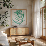 Mixed Greens XX by Lisa Audit. Shown in a natural wood frame in a cozy modern living room. Available as an archival giclee rolled canvas, fine art paper, or poster print. SKU 36478a.