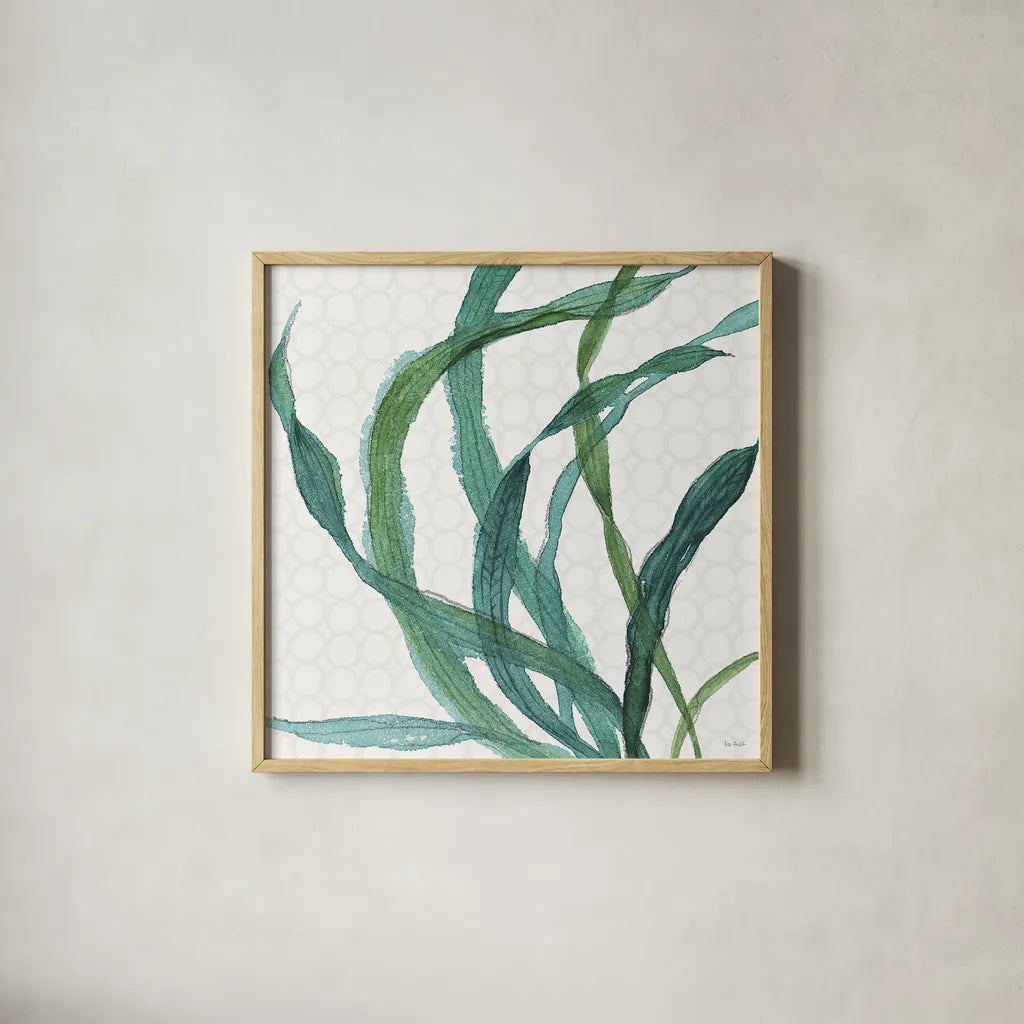 Mixed Greens XXIII by Lisa Audit. Shown in a natural wood glass frame for a timeless modern aesthetic. Available as an archival giclee rolled canvas, fine art paper, or poster print. SKU 36481a.