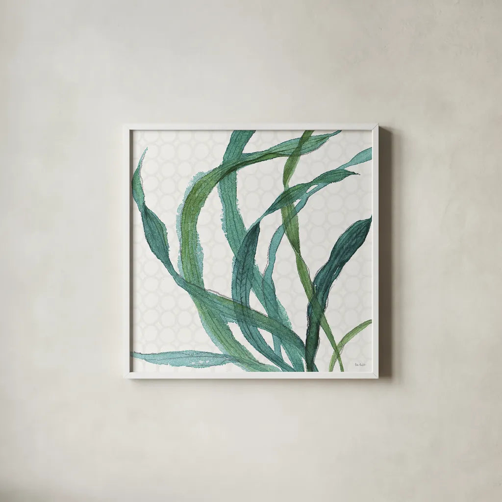 Mixed Greens XXIII by Lisa Audit. Shown in a crisp white glass frame for a clean and minimalist style. Available as an archival giclee rolled canvas, fine art paper, or poster print. SKU 36481a.
