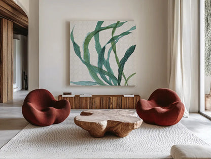 Mixed Greens XXIII by Lisa Audit. Shown as extra-large giant wall art in a modern living room. Available as an archival giclee rolled canvas, fine art paper, or poster print. SKU 36481a.