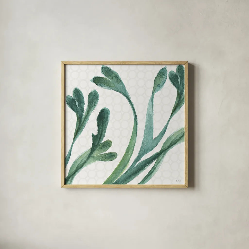 Mixed Greens XXIV by Lisa Audit. Shown in a natural wood glass frame for a timeless modern aesthetic. Available as an archival giclee rolled canvas, fine art paper, or poster print. SKU 36482a.