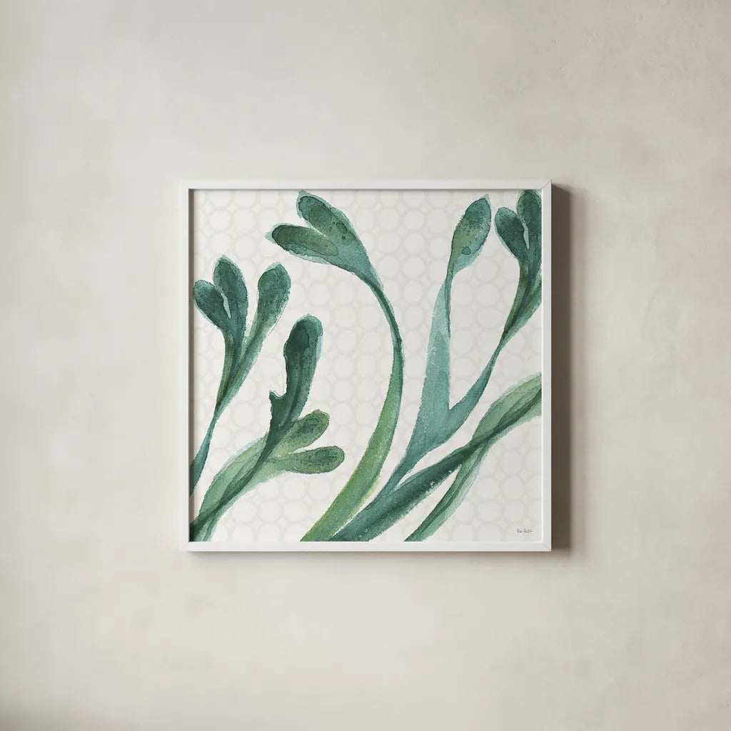 Mixed Greens XXIV by Lisa Audit. Shown in a crisp white glass frame for a clean and minimalist style. Available as an archival giclee rolled canvas, fine art paper, or poster print. SKU 36482a.