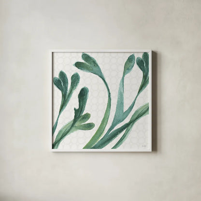 Mixed Greens XXIV by Lisa Audit. Shown in a crisp white glass frame for a clean and minimalist style. Available as an archival giclee rolled canvas, fine art paper, or poster print. SKU 36482a.