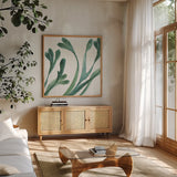 Mixed Greens XXIV by Lisa Audit. Shown in a natural wood frame in a cozy modern living room. Available as an archival giclee rolled canvas, fine art paper, or poster print. SKU 36482a.