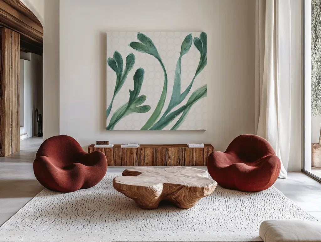 Mixed Greens XXIV by Lisa Audit. Shown as extra-large giant wall art in a modern living room. Available as an archival giclee rolled canvas, fine art paper, or poster print. SKU 36482a.