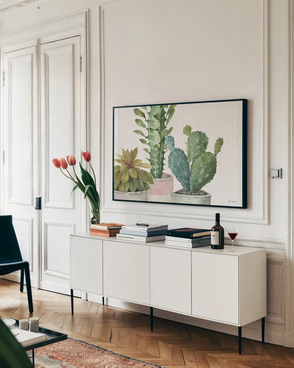 Mixed Greens XXXIII by Lisa Audit. shown as a framed stretched canvas in a living room above a console. Available as a archival giclee rolled canvas, fine art paper, or poster print. SKU 36491i.