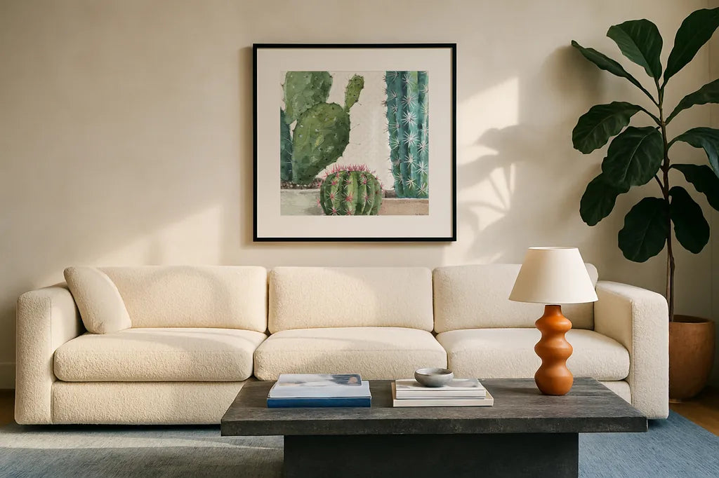Mixed Greens XXXIX by Lisa Audit. Displayed in a glass frame with matte in a clean modern living room. Available as an archival giclee rolled canvas, fine art paper, or poster print. SKU 36497a.