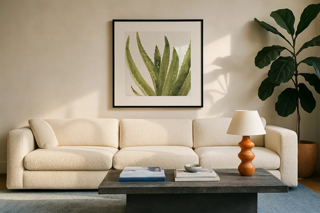 Mixed Greens XXXVIII by Lisa Audit. Displayed in a glass frame with matte in a clean modern living room. Available as an archival giclee rolled canvas, fine art paper, or poster print. SKU 36496a.
