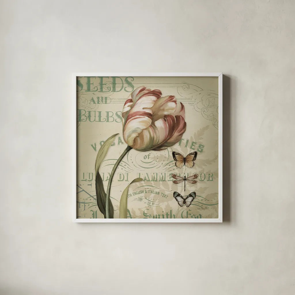 Mothers Treasure V Vintage Square by Lisa Audit. Shown in a crisp white glass frame for a clean and minimalist style. Available as an archival giclee rolled canvas, fine art paper, or poster print. SKU 99359a.