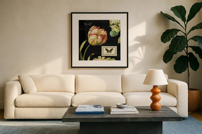 Mothers Treasures I Dark by Lisa Audit. Displayed in a glass frame with matte in a clean modern living room. Available as an archival giclee rolled canvas, fine art paper, or poster print. SKU 28208a.